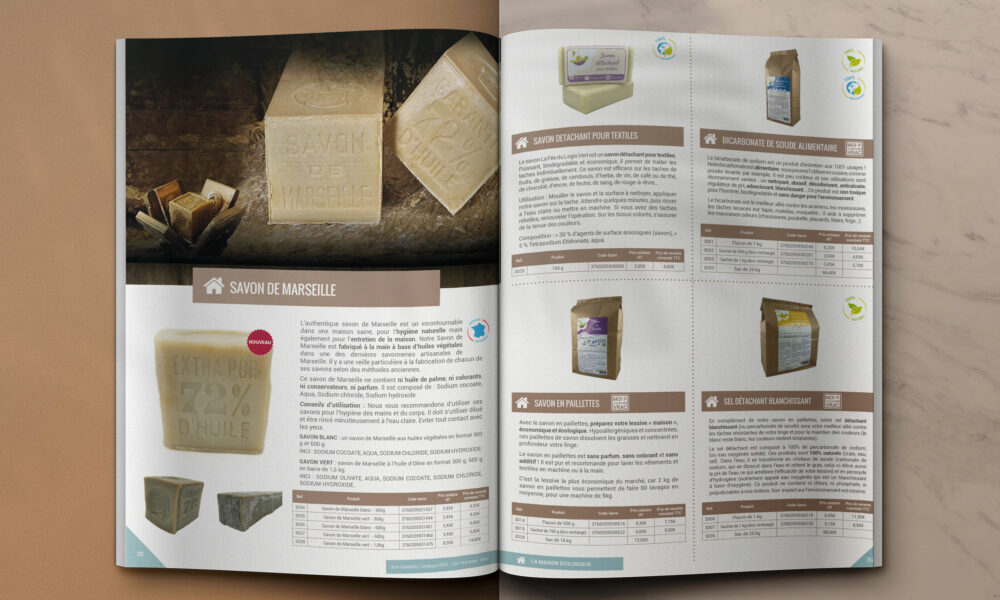 Création d'un catalogue 48 pages pour des produits naturels : mise en page intérieure