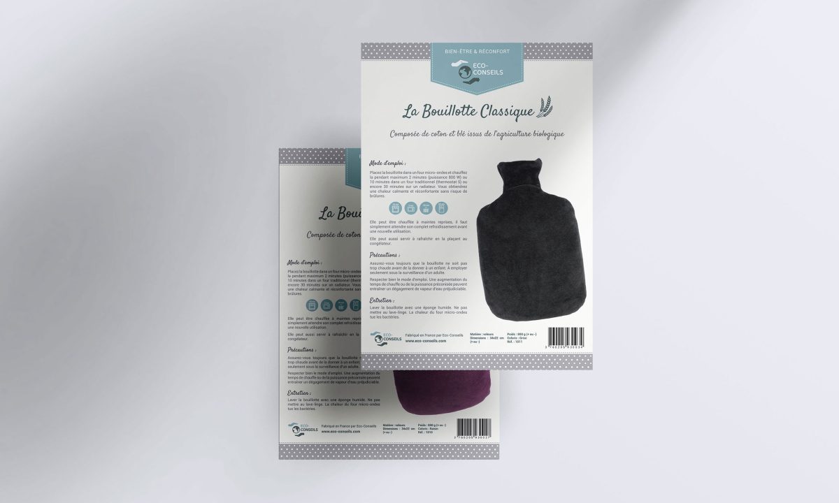 Réalisation d'étiquettes sur-mesure pour des bouillottes - graphiste Angers